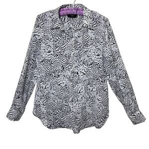 T Tahari Button Down Blouse White Black Animal Tiger Print Size Small